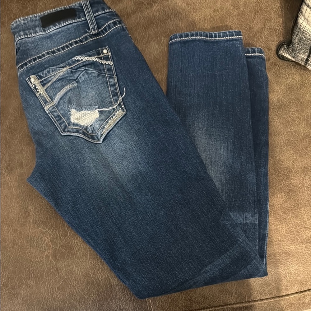 Daytrip Blue Straight Leg Jeans with Distressed Details